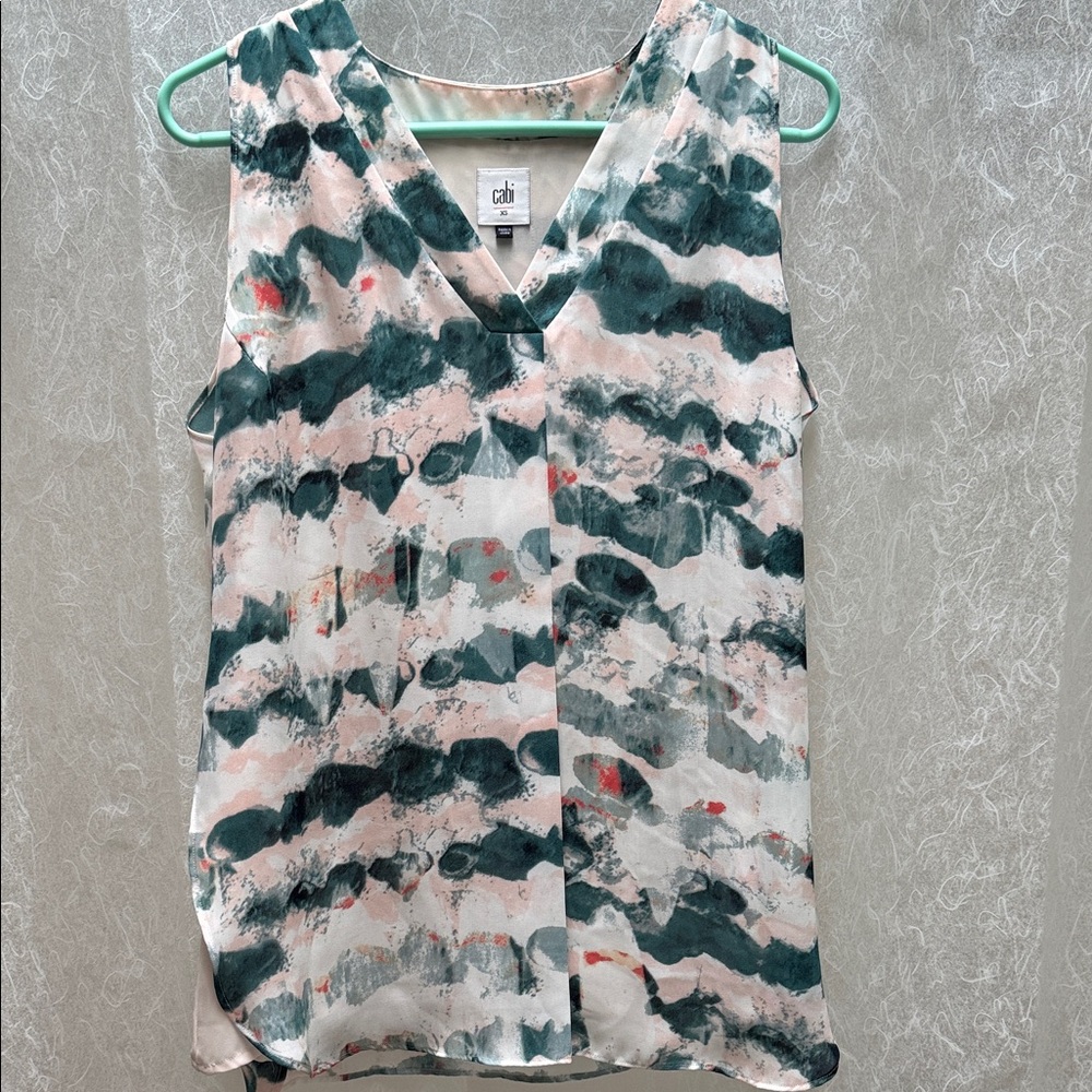 CAbi Abstract Green and Peach V-Neck Blouse
